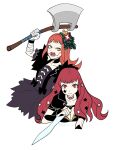  2girls axe bandaged_arm bandaged_hand bandages black_dress dress fire_emblem fire_emblem_engage grinning_cheshire_cat highres holding holding_axe holding_knife knife multiple_girls open_mouth orange_hair panette_(fire_emblem) red_eyes redhead short_bangs yellow_eyes yunaka_(fire_emblem) 