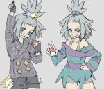  1girl arm_up blue_eyes collarbone cowboy_shot fingerless_gloves freckles gloves grey_background grey_hair hand_on_own_hip highres holding holding_poke_ball official_alternate_costume pantsu-ripper poke_ball poke_ball_(basic) pokemon pokemon_(game) pokemon_bw2 pokemon_masters_ex roxie_(pokemon) roxie_(sygna_suit)_(pokemon) sketch topknot v-shaped_eyebrows 