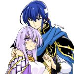  1boy 1girl bare_shoulders blue_hair brother_and_sister cape circlet dress fire_emblem fire_emblem:_genealogy_of_the_holy_war hand_on_another&#039;s_shoulder headband holding_hands julia_(fire_emblem) long_hair open_mouth ponytail purple_hair seliph_(fire_emblem) siblings simple_background smile violet_eyes white_headband yukia_(firstaid0) 