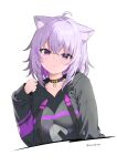  1girl :&lt; absurdres ahoge animal_ear_fluff animal_ears black_collar black_hoodie cat_ears cat_girl closed_mouth collar collarbone commentary_request crossed_bangs expressionless hair_between_eyes highres hololive hood hood_down hoodie long_sleeves looking_at_viewer nekomata_okayu nekomata_okayu_(1st_costume) onigiri_print purple_hair short_hair simple_background solo twitter_username violet_eyes virtual_youtuber white_background zone_bell_nyan 