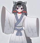  1girl @_@ animal_ear_fluff animal_ears belt_collar blush collar grey_hair highres leash long_hair looking_at_viewer original red_collar runa_(twistedlupo) simple_background solo tail twistedlupo wolf_ears wolf_girl wolf_tail 
