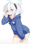  1girl absurdres blue_archive blue_halo blue_hoodie blush cellphone collarbone cowboy_shot grey_hair hair_between_eyes halo highres holding holding_phone hood hoodie long_hair long_sleeves miyako_(blue_archive) one_side_up open_mouth phone rika_(mikunopantsu) simple_background smartphone smile solo v violet_eyes white_background 