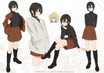  2girls ahoge arms_behind_back belt black_footwear black_hair black_shirt boots breasts brown_coat brown_skirt closed_mouth coat crossed_legs full_body hair_between_eyes hands_in_pockets hands_on_ground heart highres k_(kamo_kamen) kamo_kamen knee_boots knees long_legs long_sleeves looking_at_viewer m_(kamo_kamen) medium_breasts multiple_girls multiple_views open_mouth original shirt shoes short_hair simple_background sitting skirt smile solo_focus standing turtleneck white_background white_coat white_hair 