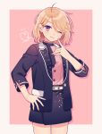  1girl black_jacket black_skirt blonde_hair border edward-el ensemble_stars! genderswap genderswap_(mtf) grey_border heart highres jacket long_sleeves looking_at_viewer narukami_arashi one_eye_closed pink_background pink_shirt shirt skirt solo violet_eyes 