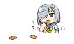  1girl blue_eyes commentary_request cracker food grey_hair grey_sailor_collar hair_ornament hair_over_one_eye hairclip hama!_(3toshinhmkz) hamakaze_(kancolle) holding kantai_collection neckerchief no_nose open_mouth sailor_collar school_uniform serafuku short_hair simple_background solo white_background yellow_neckerchief 