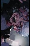  1boy blood blood_on_face blood_on_hands closed_eyes ear_piercing hand_up highres jacket kpnoks male_focus open_mouth original piercing short_hair smile solo white_hair 