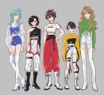  5girls ahoge black_hair blonde_hair blue_eyes blue_hair brown_eyes brown_hair ensemble_stars! full_body genderswap genderswap_(mtf) green_eyes grey_background highres long_hair morisawa_chiaki multicolored_hair multiple_girls nagumo_tetora orange_eyes osakana_dash purple_hair red_eyes redhead ryuuseitai_(ensemble_stars!) sengoku_shinobu shinkai_kanata short_hair takamine_midori 