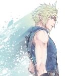  1boy armor blonde_hair blue_eyes blue_sweater cloud_strife commentary final_fantasy final_fantasy_vii final_fantasy_vii_remake from_side highres male_focus parted_lips profile ribbed_sweater short_hair shoulder_armor single_bare_shoulder sleeveless sleeveless_turtleneck solo spiky_hair suspenders sweater turtleneck turtleneck_sweater upper_body warori_anne 
