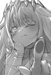  1girl ;3 absurdres bracelet circlet greyscale hand_on_own_cheek hand_on_own_face highres hololive hololive_english jewelry kay_yu koseki_bijou looking_at_viewer monochrome one_eye_closed pointing pointing_at_viewer solo virtual_youtuber 
