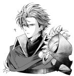  1boy armor diamant_(fire_emblem) fire_emblem fire_emblem_engage fur_trim greyscale high_collar highres illust_mi looking_to_the_side monochrome short_hair shoulder_armor solo white_background 