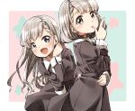  2girls black_ribbon blush braid braided_bangs brown_eyes collared_shirt commentary_request dress_shirt earrings grey_hair grey_jacket grey_skirt hair_over_shoulder hair_ribbon hand_up hisakawa_hayate hisakawa_nagi idolmaster idolmaster_cinderella_girls jacket jewelry juliet_sleeves long_hair long_sleeves low_twintails multiple_girls puffy_sleeves ribbon shirt siblings sisters skirt star_(symbol) twins twintails very_long_hair violet_eyes white_shirt yukie_(kusaka_shi) 