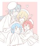  4boys blonde_hair blue_hair blush border closed_eyes ensemble_stars! grey_border hair_bun half_updo heart hibiki_wataru himemiya_tori multiple_boys open_mouth pink_background pink_hair rice_(rice8p) shino_hajime short_hair sketch tenshouin_eichi 