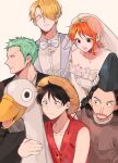  1girl 4boys black_hair blonde_hair brown_eyes commentary_request dress earrings frilled_dress frills goatee_stubble green_hair hat jewelry joman korean_commentary long_hair looking_at_another looking_to_the_side monkey_d._luffy multiple_boys nami_(one_piece) neck_ribbon one_piece orange_hair profile ribbon roronoa_zoro sanji_(one_piece) short_hair sideburns simple_background single_sidelock straw_hat suit sweatdrop usopp wedding_dress wedding_suit white_dress 