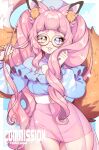  1girl animal_ears blue_eyes blush breasts brown-framed_eyewear brown_eyes commission cookie_hana glasses heterochromia highres lips looking_at_viewer medium_breasts open_mouth original pink_hair pink_nails round_eyewear smile solo tail thick_eyebrows 