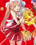  asuna_(sao) bare_arms bare_shoulders bunbun cheerleader cropped dengeki_bunko hair_ornament hair_ribbon holding holding_pom_poms lightning_bolt_symbol long_hair looking_at_viewer open_mouth orange_eyes orange_hair pom_pom_(cheerleading) red_ribbon red_shirt red_skirt ribbon shirt simple_background skirt sleeveless sword_art_online thighs third-party_edit 