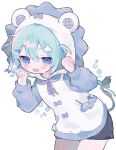  1girl animal_ears animal_hood aqua_hair artist_name blue_eyes blush blush_stickers bow candy claw_pose cloud_hair_ornament cotono_(nazekun) cowboy_shot fake_animal_ears floral_print flower_(symbol) food gao hair_between_eyes hair_ornament hairclip half-closed_eyes hands_up highres hood hood_up hoodie jitome leaning_forward lightning_bolt_symbol lion_hood lion_tail lollipop long_sleeves looking_at_viewer neck_ribbon open_mouth original pastel_colors pocket ribbon sharp_teeth sidelocks simple_background smile solo spoken_lightning_bolt standing swirl_lollipop tail tail_ornament tail_ribbon teeth upper_teeth_only white_background 