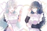  2girls absurdres aoba_tsumugi apron black_dress blue_hair dress ensemble_stars! genderswap genderswap_(mtf) grey_background heart heart_of_string hibiki_wataru highres long_hair long_sleeves looking_at_viewer maid maid_apron maid_headdress multiple_girls ntec231 one_eye_closed open_mouth short_sleeves smile violet_eyes wavy_hair white_apron 