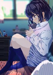  1girl :o animal black_hair blue_socks blurry blurry_background blurry_foreground cat collared_shirt colored_sclera commentary_request from_side fushimi_asuha highres holding holding_animal holding_cat indoors kneehighs light_blush looking_down on_bed original pillow pleated_skirt profile purple_skirt school_uniform shirt short_hair sideways_mouth sitting skirt socks solo uniform violet_eyes white_shirt window yellow_sclera 