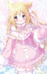  1girl :d animal_ear_fluff animal_ears blonde_hair blush bow cat_ears cat_girl cat_tail coat commentary_request fang frilled_thighhighs frills fur-trimmed_sleeves fur_trim hair_between_eyes hair_bow long_hair long_sleeves looking_at_viewer mittens one_side_up original pink_bow pink_coat pink_mittens shiratama_(shiratamaco) smile snowflakes solo tail thigh-highs transparent very_long_hair violet_eyes white_thighhighs 