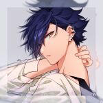  1boy black_tank_top blue_hair blurry_border ear_piercing earrings ensemble_stars! facing_to_the_side floral_print floral_print_shirt green_shirt grey_background jewelry looking_at_viewer male_focus mcopoon multiple_earrings open_mouth piercing sazanami_jun see-through see-through_shirt shirt short_hair signature solo tank_top yellow_eyes 
