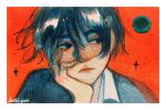  1boy artist_name black_eyes black_hair black_jacket border collared_shirt commentary english_commentary fingernails frown hand_on_own_cheek hand_on_own_face hoshi-pan jacket looking_to_the_side male_focus orange_background original painting_(medium) parted_lips planet red_lips shaded_face shirt short_hair solo sparkle thick_eyebrows traditional_media upper_body watercolor_(medium) white_border white_shirt 
