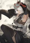  1girl 2b_(nier:automata) armpits blue_eyes breasts dress elbow_gloves fadingz fox_mask gloves hairband highres japanese_clothes kimono long_hair looking_at_viewer mask medium_breasts mole mole_under_mouth nier:automata nier_(series) nier_reincarnation official_alternate_costume revision short_hair short_kimono signature solo thigh-highs white_hair 