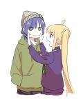  2girls beanie blonde_hair blue_hair bocchi_the_rock! green_hoodie hair_ornament hairclip hat hood hoodie ijichi_nijika jikachan0529 multiple_girls purple_sweater sweater yamada_ryo 