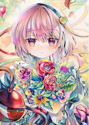  1girl :o absurdres artist_name blue_dress blush bouquet dress falling_petals flower frilled_dress frills hairband heart highres holding holding_bouquet jitome komeiji_satori long_sleeves looking_at_viewer petals pink_eyes pink_hair short_hair solo straight-on third_eye torajirou_(toraneko_zirou) touhou traditional_media 