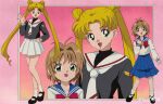  2girls age_difference bishoujo_senshi_sailor_moon black_footwear blonde_hair blue_sailor_collar blue_skirt bow brown_hair cardcaptor_sakura child cosplay crossover happy kinomoto_sakura kinomoto_sakura_(cosplay) multiple_girls red_bow sailor_collar salute school_uniform short_hair skirt socks tam_(tam0804) tomoeda_elementary_school_uniform tsukino_usagi tsukino_usagi_(cosplay) white_sailor_collar white_skirt white_socks 