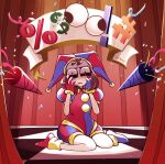  1girl absurdres brown_hair clown curtains de_b0o hands_on_own_cheeks hands_on_own_face highres kneeling looking_at_viewer medium_hair multicolored_eyes pomni_(the_amazing_digital_circus) the_amazing_digital_circus 