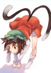  1girl animal_ear_piercing animal_ears brown_hair cat_ears cat_girl cat_tail chen chinese_clothes frilled_skirt frills full_body green_headwear hat highres hoop_piercing long_sleeves mob_cap multiple_tails nekomata no_shoes one-hour_drawing_challenge piercing pouncing red_skirt red_vest shirt short_hair simple_background skirt skirt_set socks solo tail takahashi_kouta touhou two_tails vest white_background white_footwear white_shirt 
