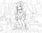  1girl armchair blush bow chair closed_mouth curtains dress frilled_dress frills greyscale hair_bow hair_flaps hair_intakes head_tilt highres idolmaster idolmaster_cinderella_girls koshimizu_sachiko looking_at_viewer monochrome on_chair puffy_short_sleeves puffy_sleeves short_sleeves sitting sketch smile solo unworn_dress yukie_(kusaka_shi) 