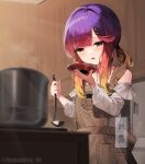  1girl apron blush brown_apron character_name commentary_request cooking_pot dress gradient_hair hair_ornament hairclip highres holding holding_ladle indoors kantai_collection ladle long_hair long_sleeves multicolored_hair open_mouth purple_hair simple_background solo tsushima_(kancolle) twitter_username unidentified_nk white_dress yellow_eyes 