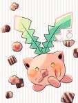  animal_focus artist_name chocolate commentary_request eating hanabusaoekaki highres hoppip no_humans pokemon pokemon_(creature) solid_circle_eyes solo striped striped_background white_background yellow_eyes 