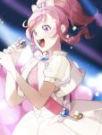  1girl :d blurry blush bokeh bow commentary_request depth_of_field dress hair_bow hands_up heart highres holding holding_microphone idol kiratto_pri_chan light_particles long_hair looking_ahead microphone momoyama_mirai music niku_(onikujunjuwa) open_mouth pink_hair pink_sash ponytail pretty_(series) puffy_short_sleeves puffy_sleeves sash short_sleeves sidelocks singing smile solo stage_lights sweatdrop violet_eyes white_bow white_dress 