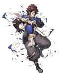  1boy azama_(fire_emblem) azama_(resplindent)_(fire_emblem) black_footwear black_pants boots closed_mouth damaged fire_emblem fire_emblem_fates fire_emblem_heroes full_body hakama highres holding holding_staff japanese_clothes male_focus non-web_source official_alternate_costume official_art pants smile solo staff torn_clothes 