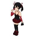  1girl black_hair candy fashion food gothic_lolita hair_ribbon highres lolita_fashion lollipop non-web_source original plaid plaid_skirt platform_footwear red_eyes ribbon skirt solo thigh-highs twintails 