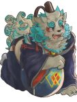  1boy agyo_(housamo) aqua_fur aqua_nails bell blue_eyes chest_tuft commentary_request fangs full_body furry furry_male hat highres japanese_clothes jingle_bell komainu_boy komainu_ears komainu_tail looking_to_the_side male_focus open_mouth rakuta_(r_akuta) short_hair simple_background smile solo tate_eboshi thick_eyebrows tokyo_afterschool_summoners white_background 