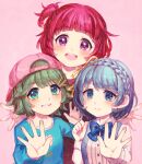  3girls amano_yae backwards_hat baseball_cap behind_another blue_bow blue_bowtie blue_eyes blue_hair blue_shirt blush bow bowtie braid closed_mouth commentary_request crown_braid dosukoi!_(napoli_no_otokotachi) fang flipped_hair green_eyes green_hair grin hair_ornament hair_ribbon hairclip hands_up hat head_tilt long_sleeves looking_at_viewer multiple_girls napoli_no_otokotachi open_hand open_hands open_mouth outstretched_arms pink_background pink_hair pink_headwear ribbed_shirt ribbon sasasasa shirt short_hair shuujou_mana simple_background smile spread_arms sumo suspenders urisaki_ran violet_eyes white_shirt yellow_ribbon 