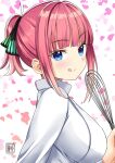  black_ribbon blue_eyes butterfly_hair_ornament go-toubun_no_hanayome hair_ornament hiroki_(hirokiart) nakano_nino pink_hair ribbon tongue tongue_out whisk 