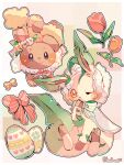  animal_focus artist_name bonnet bow bowtie brown_fur buneary commentary_request egg flower hanabusaoekaki highres leaf leafeon multicolored_background no_humans one_eye_closed orange_eyes orange_flower orange_tulip pink_bow pink_bowtie pokemon pokemon_(creature) rabbit red_flower red_tulip solid_oval_eyes tulip 