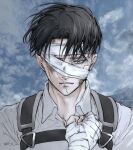  1boy bandage_over_one_eye bandaged_arm bandages black_hair cuts floating_hair highres injury levi_(shingeki_no_kyojin) looking_ahead male_focus mourning sad salute shingeki_no_kyojin sky solo upper_body wind yuu_(39_hj_yuu) 