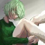  1girl commentary_request cross-laced_clothes dress gradient_background green_dress green_eyes green_hair grey_background highres hot_milk_oc legs long_sleeves no_headwear parted_lips short_hair soga_no_tojiko solo touhou 