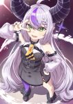  1girl ahoge ankle_cuffs ascot bare_shoulders black_horns black_nails braid braided_bangs detached_sleeves fangs grey_hair highres hololive horns la+_darknesss la+_darknesss_(1st_costume) long_hair multicolored_hair pointy_ears purple_hair purple_thighhighs qussie single_thighhigh sleeves_past_fingers sleeves_past_wrists streaked_hair striped_horns thigh-highs virtual_youtuber yellow_ascot yellow_eyes 