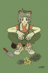  1girl :3 animal_ears animal_nose arms_on_knees blush bob_cut closed_mouth dirty dirty_clothes gardening gloves green_background green_overalls grey_eyes grey_footwear grey_gloves grey_hair halftone highres looking_at_viewer mode_aim orange_socks peanut plant ponpoko_(vtuber) raccoon_ears raccoon_girl raccoon_tail roots shoes signature simple_background smile sneakers socks solo squatting tail towel towel_around_neck trowel uyakan virtual_youtuber work_gloves 