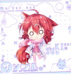 1girl 2020 :3 ahoge amairo_islenauts animal_ear_fluff animal_ears arm_at_side artist_name blush_stickers casual chibi closed_mouth coat dated_commentary double-parted_bangs hair_between_eyes hair_ornament hand_up highres imoe_(1017933989) masaki_gaillard medium_hair miniskirt o_o open_clothes open_coat pink_sweater pink_thighhighs pleated_skirt red_tail redhead simple_background skirt sleeves_past_fingers sleeves_past_wrists solo standing standing_on_one_leg sweatdrop sweater tail thigh-highs wavy_hair white_background white_coat white_skirt winter_clothes wolf_ears wolf_girl wolf_tail x_hair_ornament zettai_ryouiki 