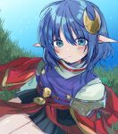  1girl absurdres blue_eyes blue_hair blush cape closed_mouth crescent crescent_hair_ornament grass hair_ornament highres looking_at_viewer nonono_9 pointy_ears red_cape rena_lanford short_hair skirt solo star_ocean star_ocean_the_second_story 