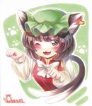  1girl ;3 ;d absurdres animal_ear_fluff animal_ear_piercing animal_ears blush bow bowtie breasts brown_eyes brown_hair cat_ears cat_tail character_name chen commentary_request cropped_torso earrings fang gold_trim green_background green_headwear hands_up hat highres jewelry long_sleeves medium_hair mob_cap multiple_tails nekomata nemonadi one_eye_closed open_mouth paw_pose paw_print paw_print_background puffy_long_sleeves puffy_sleeves red_vest simple_background single_earring small_breasts smile solo swept_bangs tail touhou two_tails upper_body vest white_bow white_bowtie 