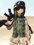  1girl absurdres artist_name assault_rifle braid camouflage cowboy_shot desert desert_camouflage eyepatch gamryous girls_frontline goggles goggles_on_headwear gun hat highres holding holding_gun holding_weapon long_hair long_sleeves looking_at_viewer m16 m16a1_(girls&#039;_frontline) military_hat military_uniform mole mole_under_eye multicolored_hair open_mouth orange_hair outdoors rifle scar scar_across_eye scar_on_face smile solo streaked_hair teeth uniform weapon 