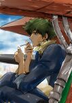 1boy absurdres blue_sky cigarette closed_mouth clouds cloudy_sky cowboy_bebop expressionless green_hair highres holding holding_cigarette light necktie shadow shirt sitting sky solo spike_spiegel spiky_hair swordfish_ii tobalin yellow_shirt 